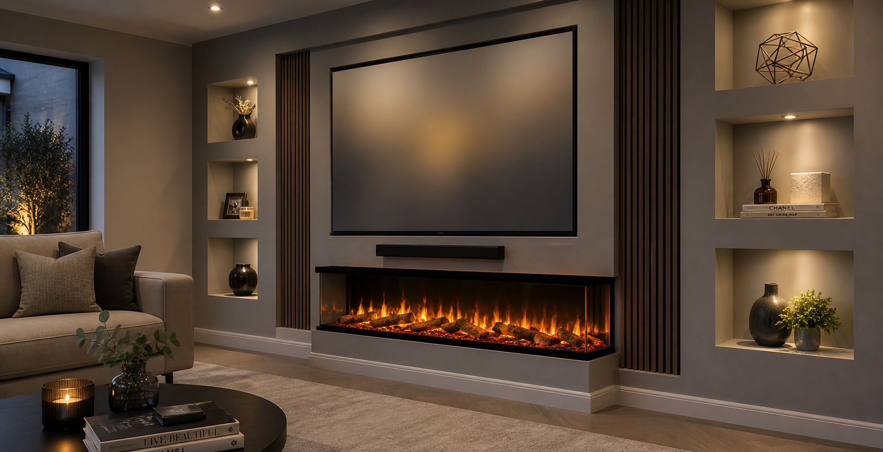 Modern living room with a large TV mounted above an electric fireplace.