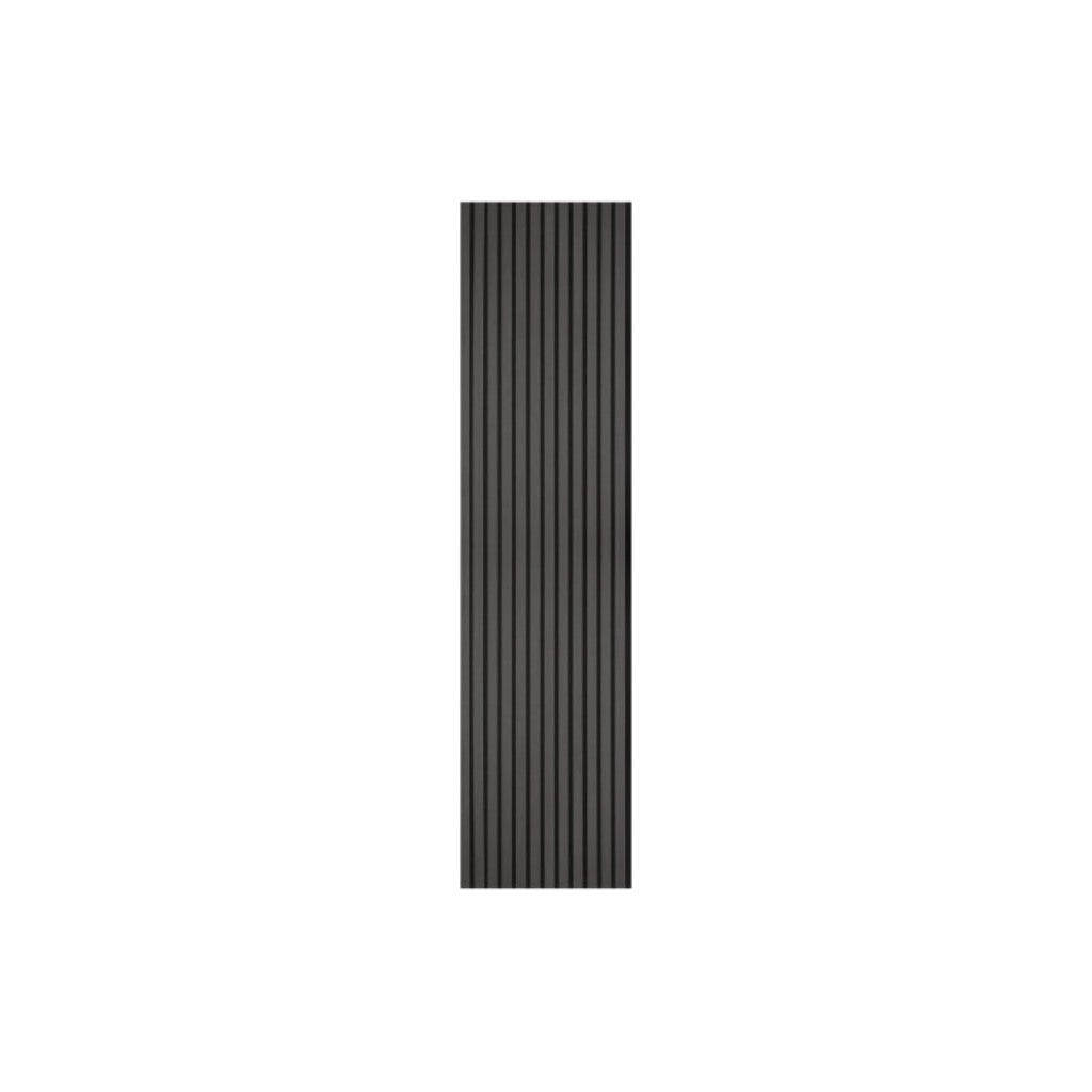 Vertical acoustic wall panel with a dark grey slatted finish on a plain white background.