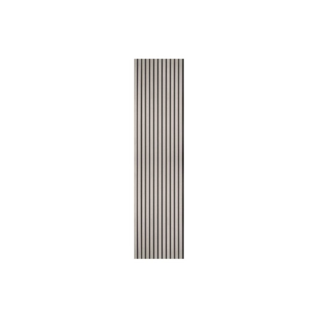 Vertical oak acoustic wall panel with a slatted wood design on a dark felt backing against a white background.