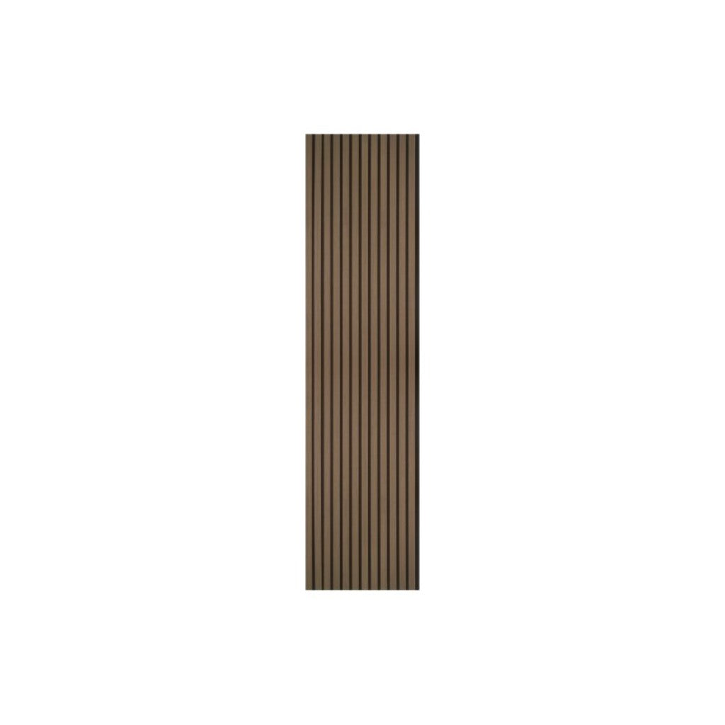 Acoustic Wall Panel 2.4m x 0.6m in oak, featuring vertical wooden slats on a black felt backing against a white background.