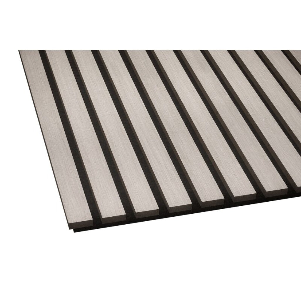 Acoustic wall panel in oak finish featuring vertical wooden slats set against a black felt backing at an angle.