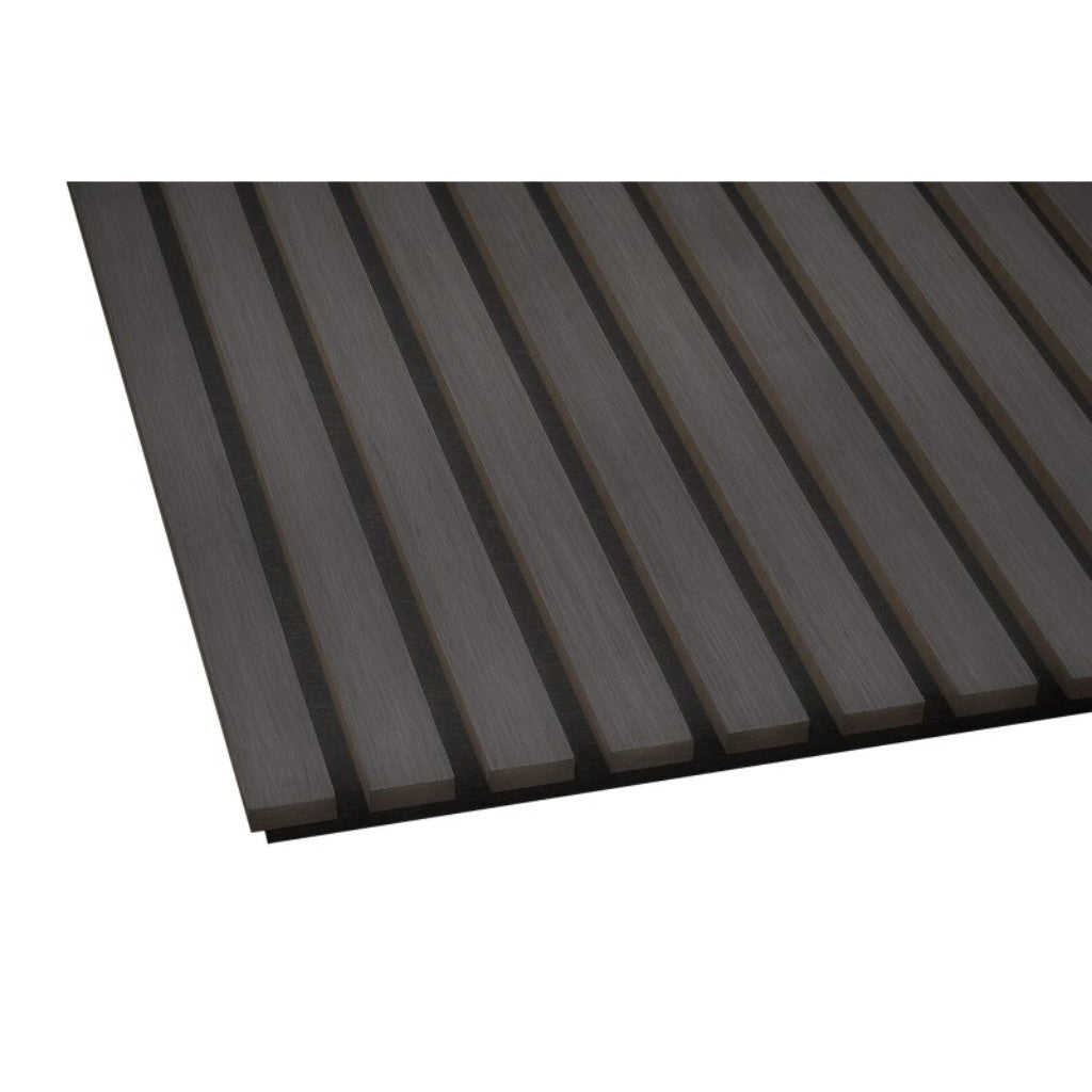 Acoustic wall panel in dark oak with vertical slats and a black felt backing, viewed from an angle.