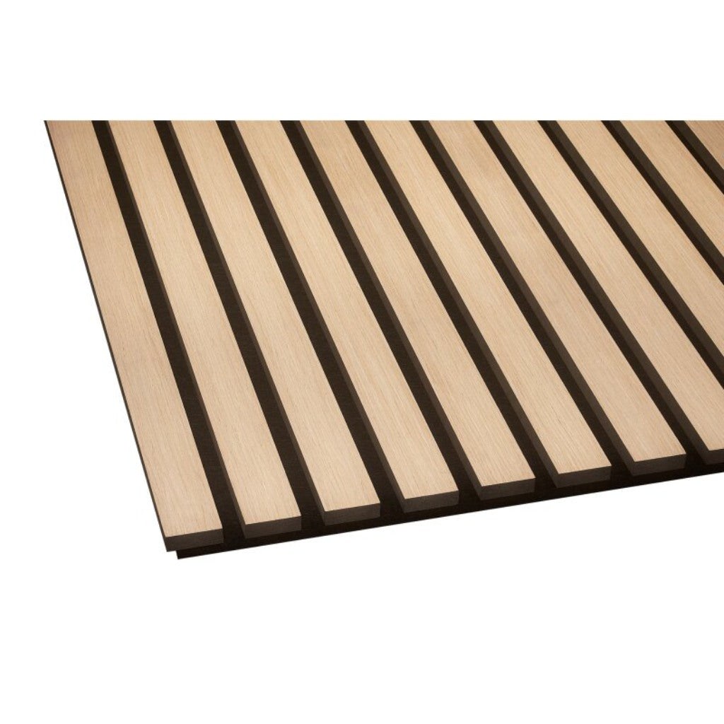 Acoustic wall panel in oak with vertical light wood slats set against a black felt backing.
