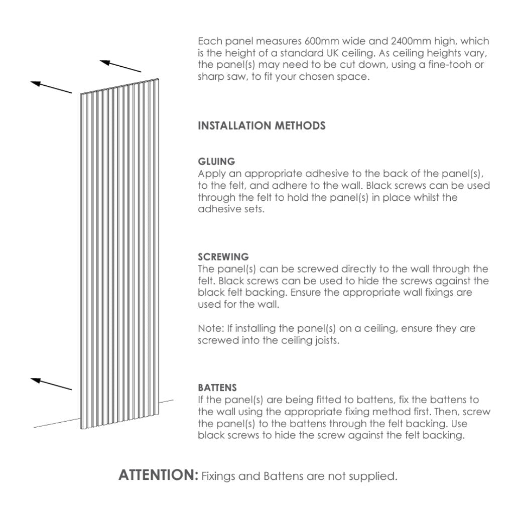 Technical line drawing of an oak acoustic wall panel showing vertical slats and installation instructions.