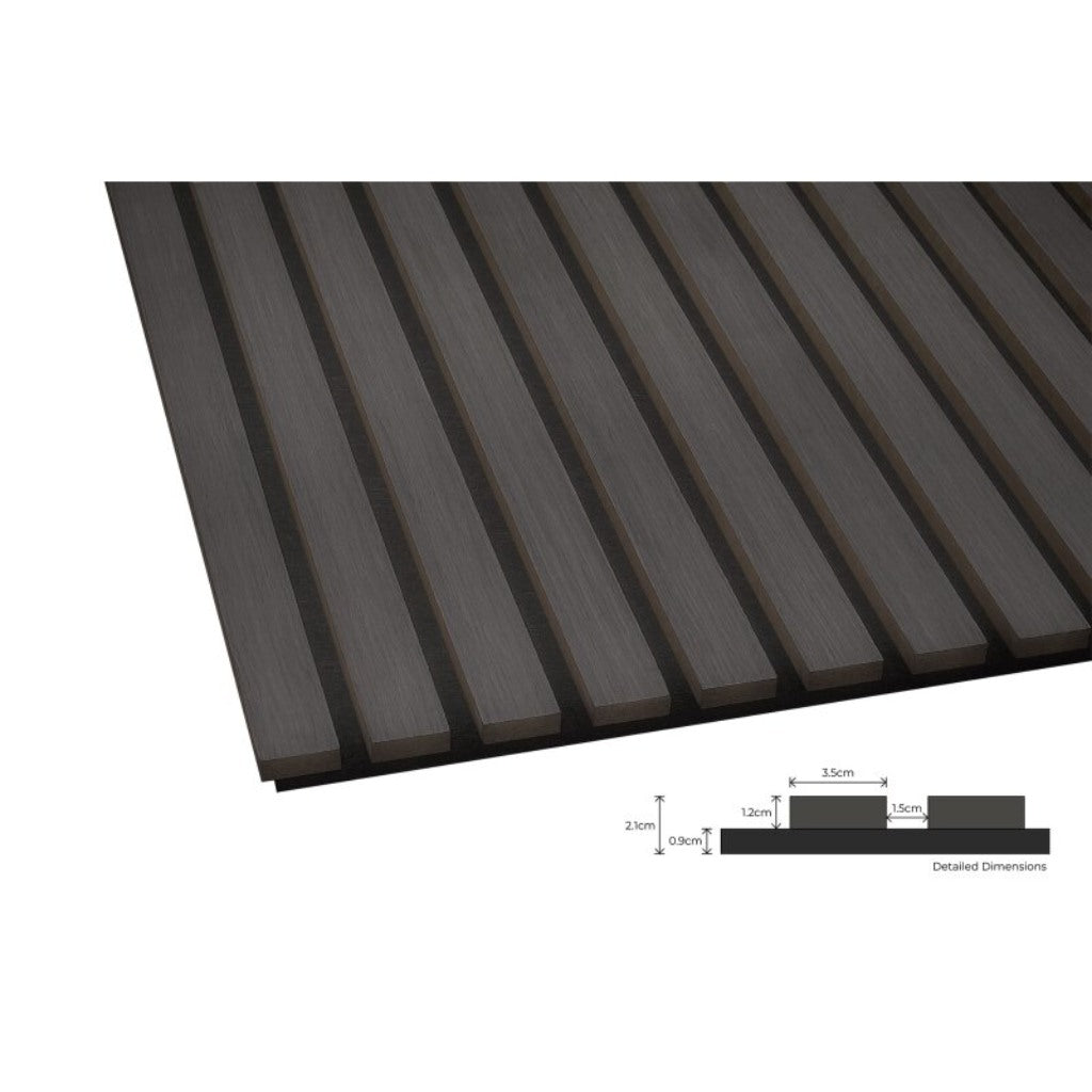Dark oak acoustic wall panel with vertical slats and a technical diagram showing dimensions on a white background.