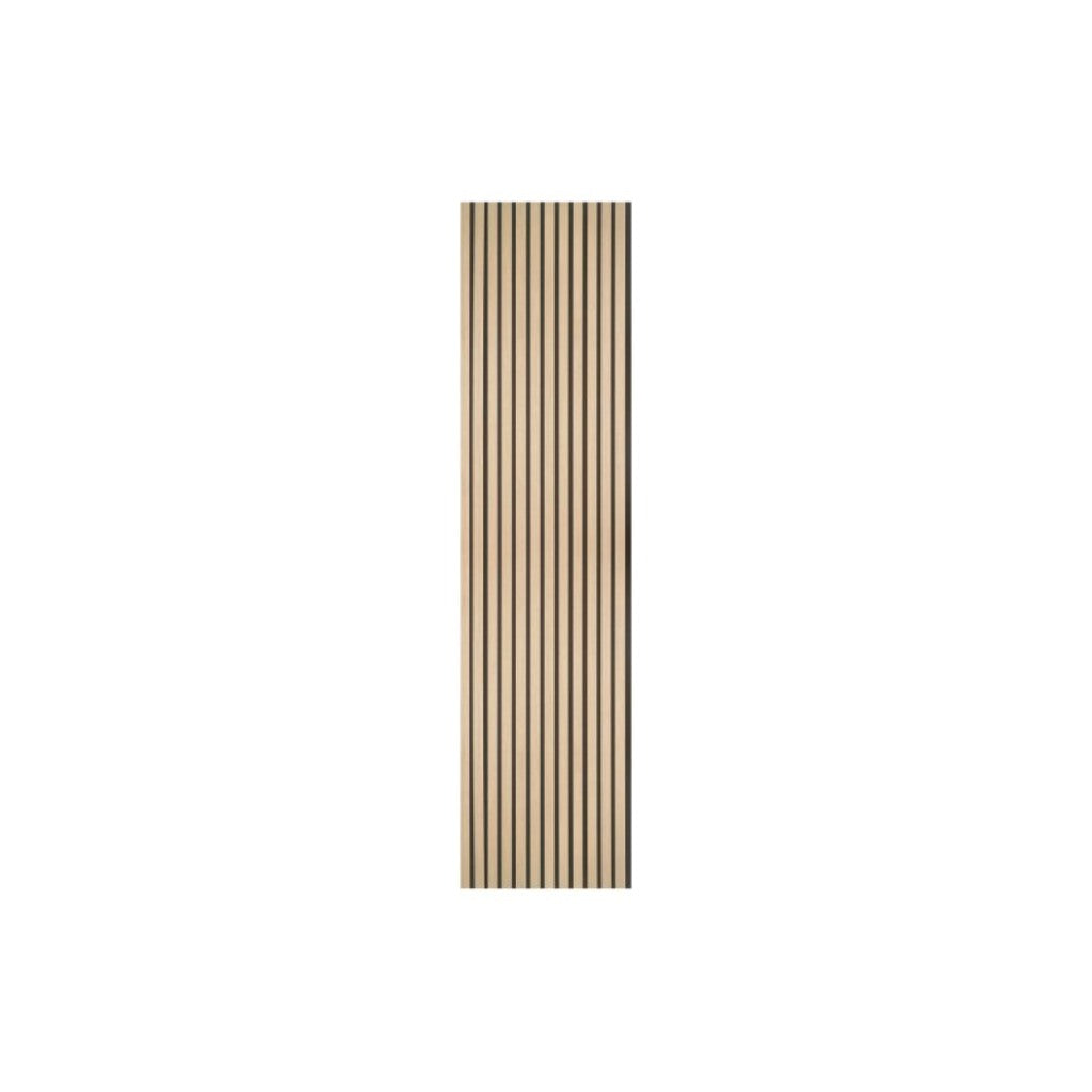 Vertical oak acoustic wall panel featuring a slatted wood design on a black felt backing against a white background.