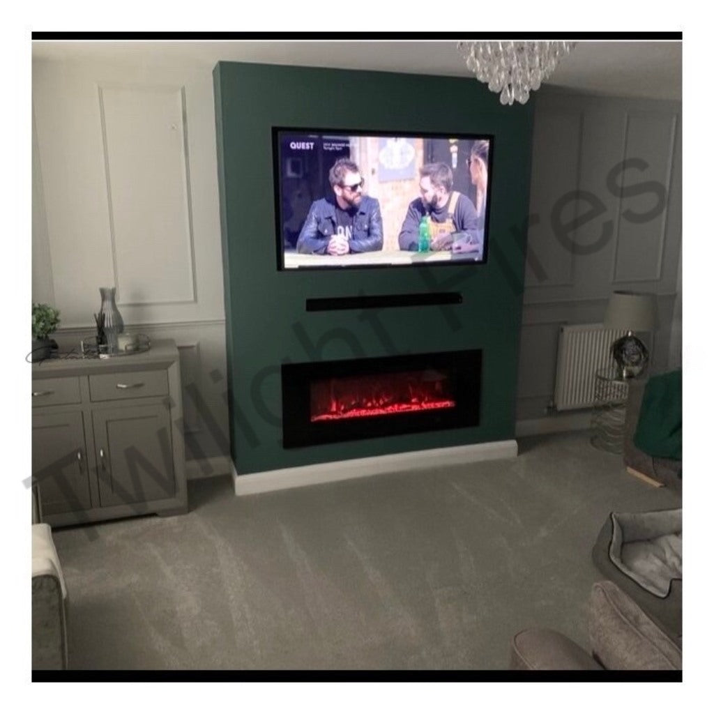 Aurora 50 Inch Media Wall Electric Fire Insert with a glowing red flame effect, set in a dark green feature wall.