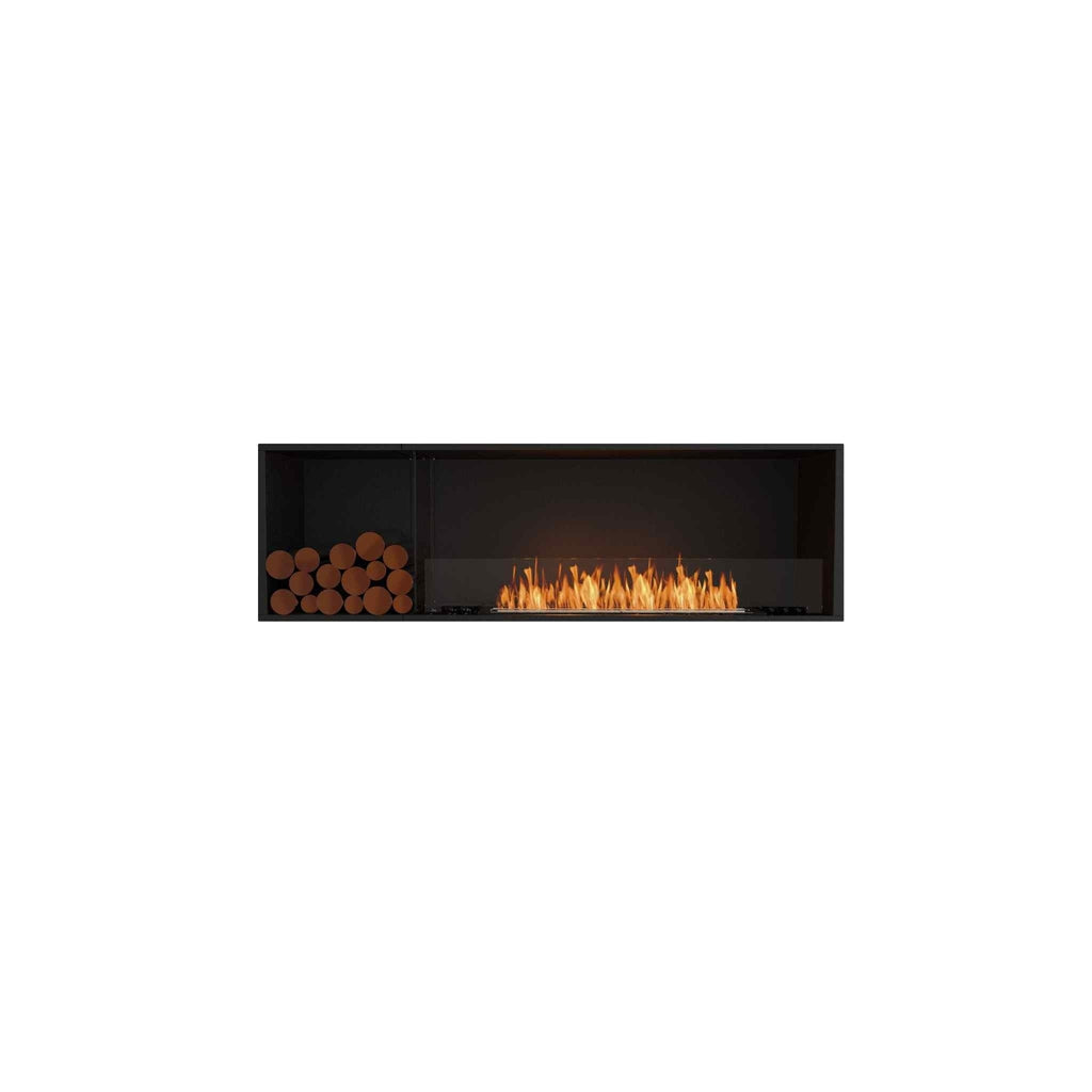 EcoSmart Fire Flex 68 bioethanol fireplace with a black frame, glass screen, orange flames, and stacked log storage.