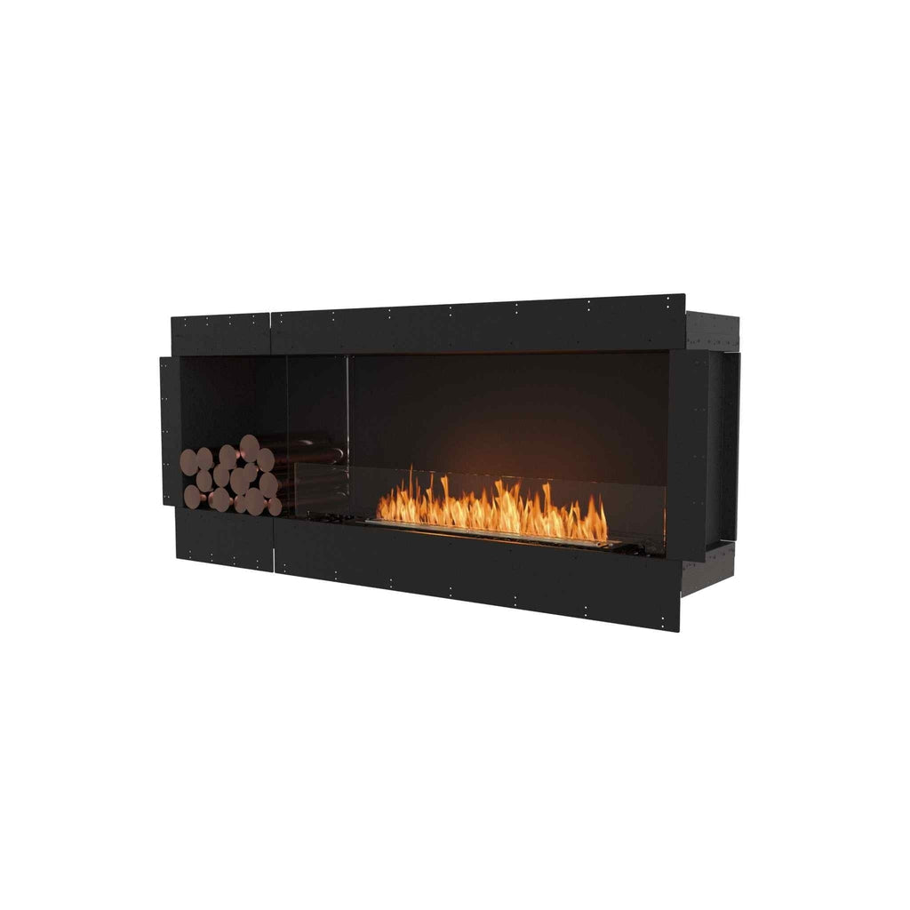 EcoSmart Fire Flex 68 bioethanol fireplace with a black frame, glass screen, and decorative logs on a white background.