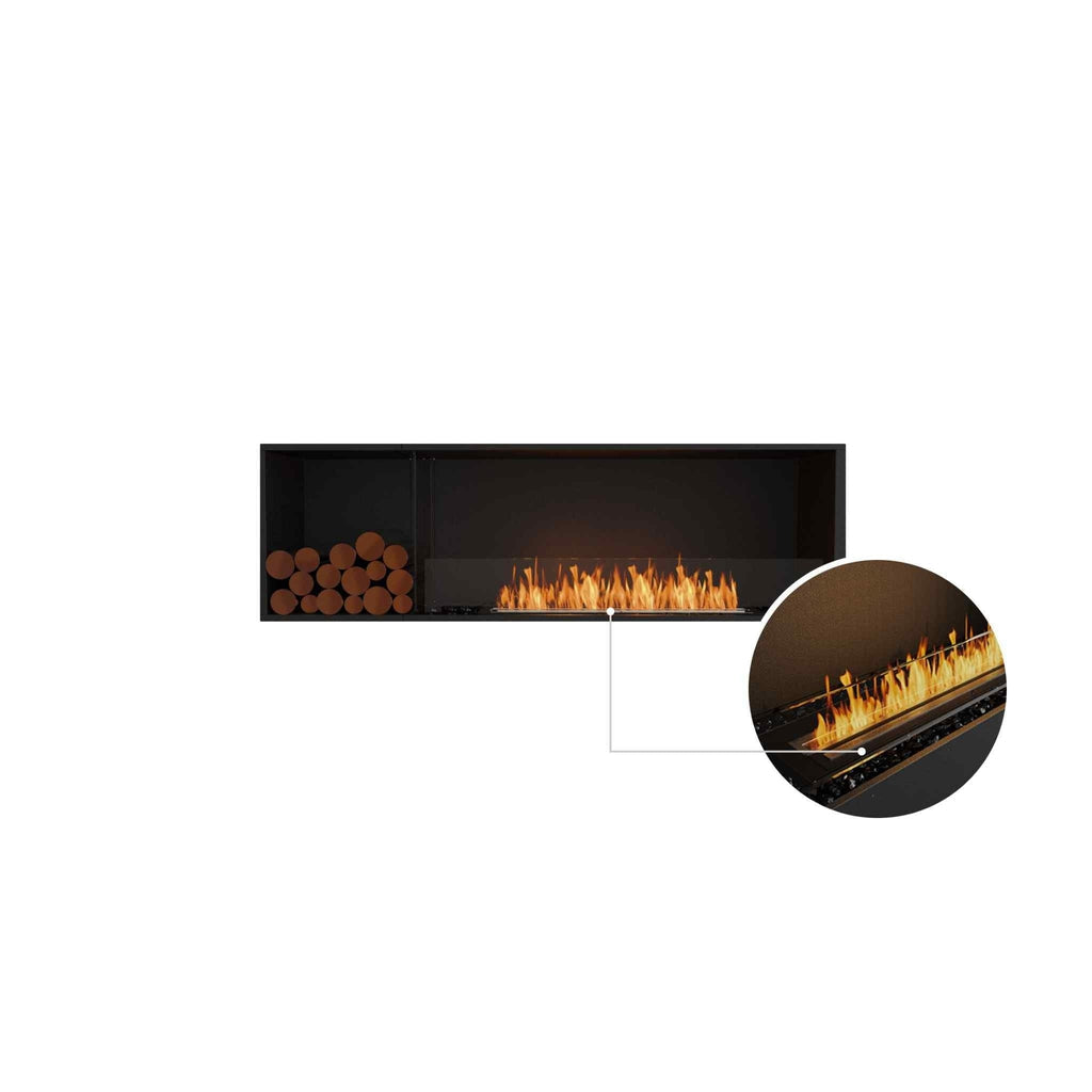 EcoSmart Fire Flex 68 bioethanol fireplace with a black frame, log storage section, and a close-up of the flames.