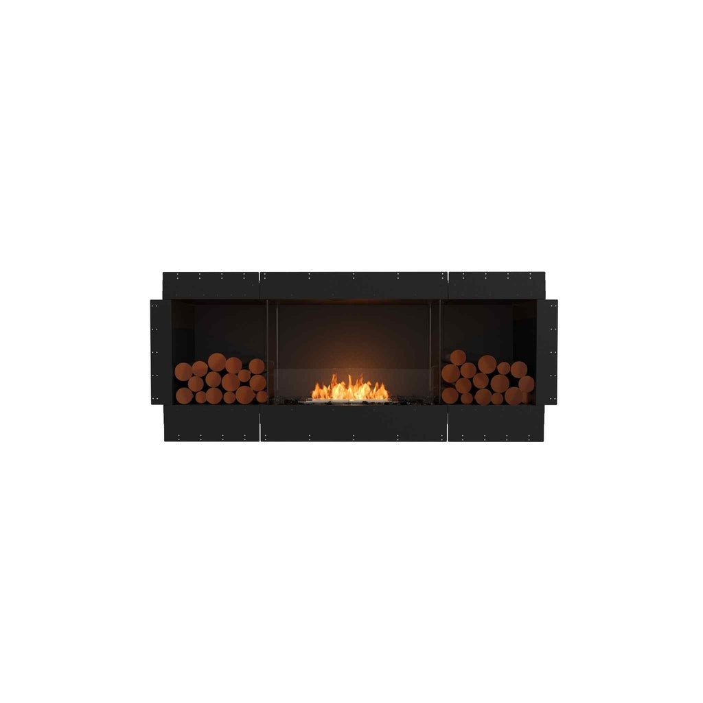 EcoSmart Fire Flex 68 bioethanol fireplace with a black frame, central flame, and decorative logs on both sides.
