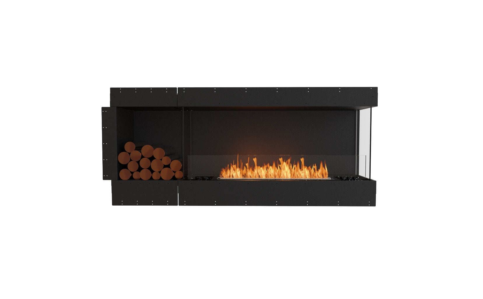 EcoSmart Fire Flex 68 fireplace with a black frame, glass screen, orange flames, and a side log storage compartment.