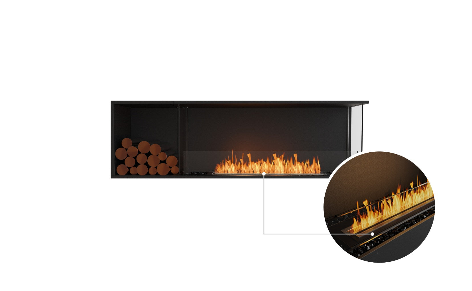 EcoSmart Fire Flex 68 bioethanol fireplace with black frame, side log storage, and a close-up of the burner flame.