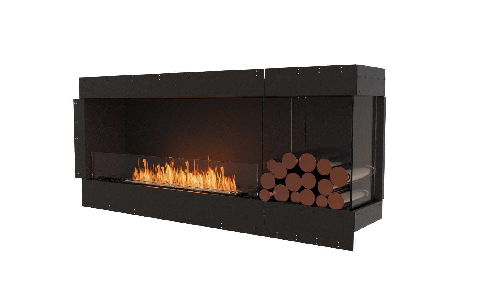 EcoSmart Fire Flex 68 bioethanol fireplace with a black frame, glass screen, orange flames, and decorative log stack.