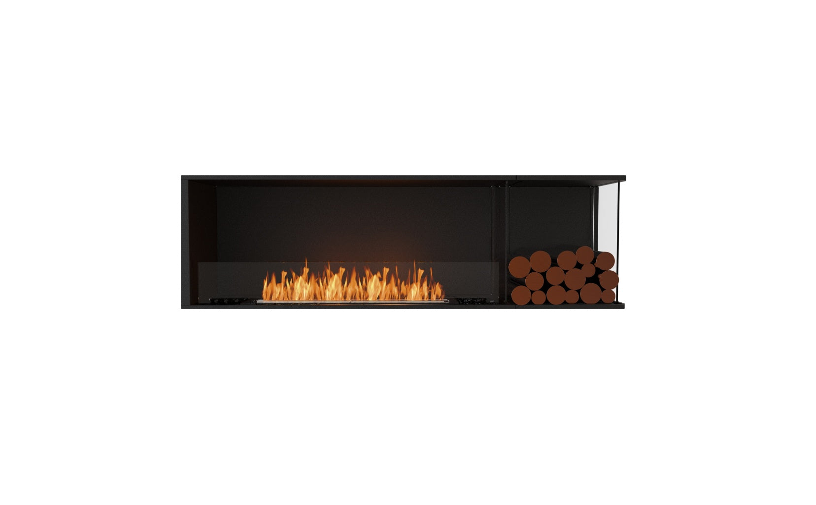 EcoSmart Fire Flex 68 bioethanol fireplace with a black frame, glass screen, orange flames, and decorative log storage.