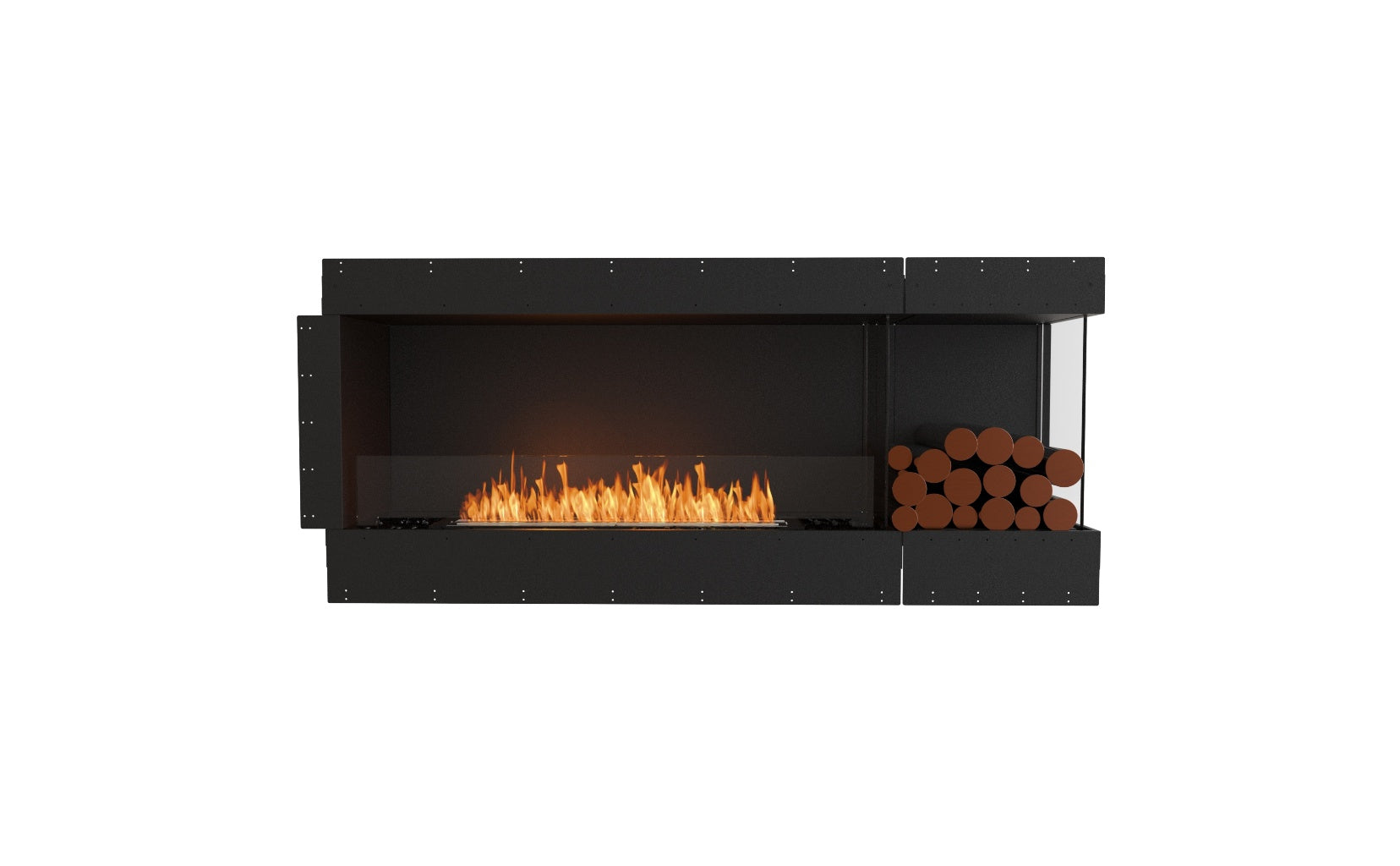 EcoSmart Fire Flex 68 bioethanol fireplace with a black frame, glass screen, orange flames, and decorative logs.