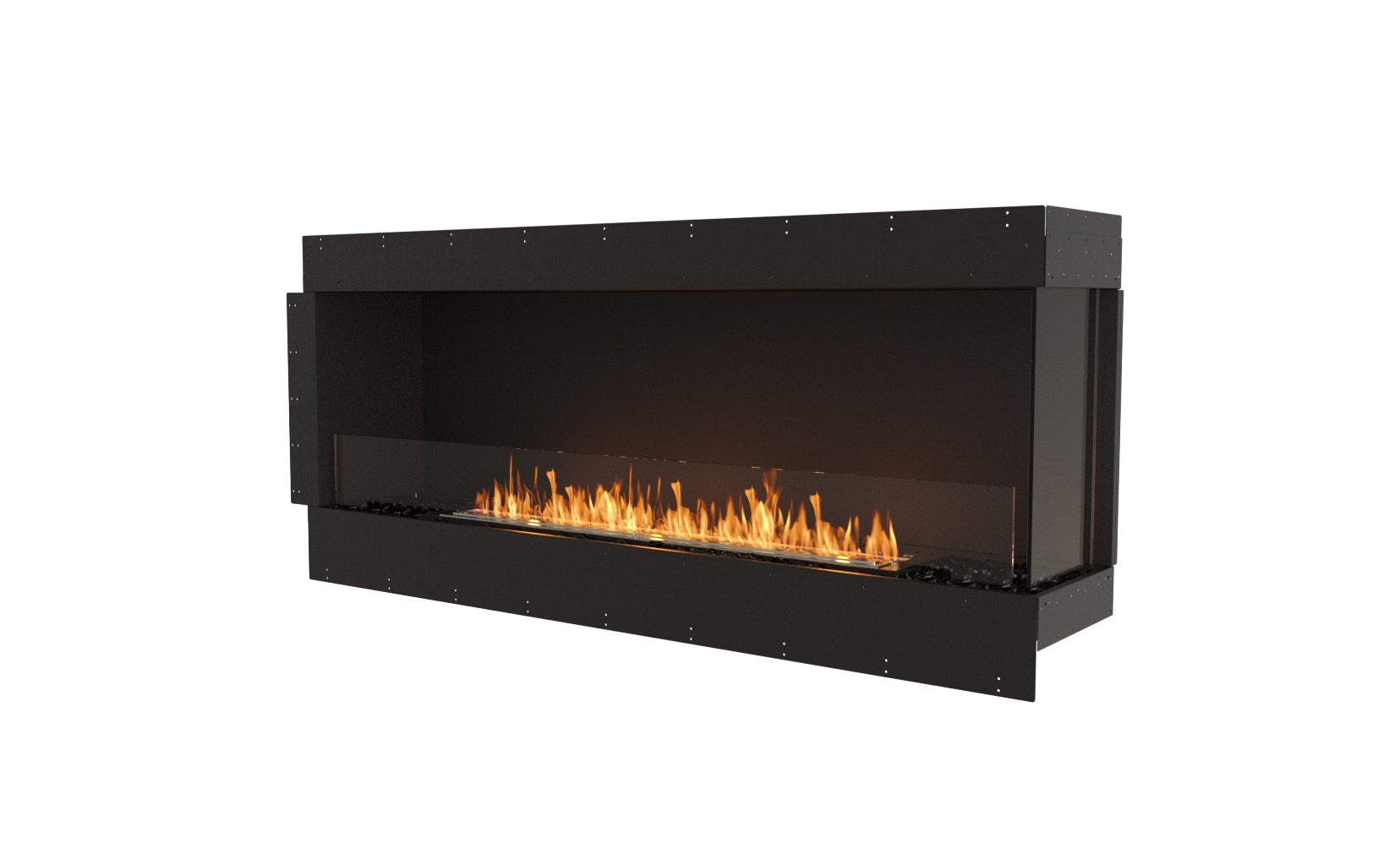 EcoSmart Fire Flex 68 bioethanol fireplace with a matte black frame and a long, linear flame behind a glass screen.