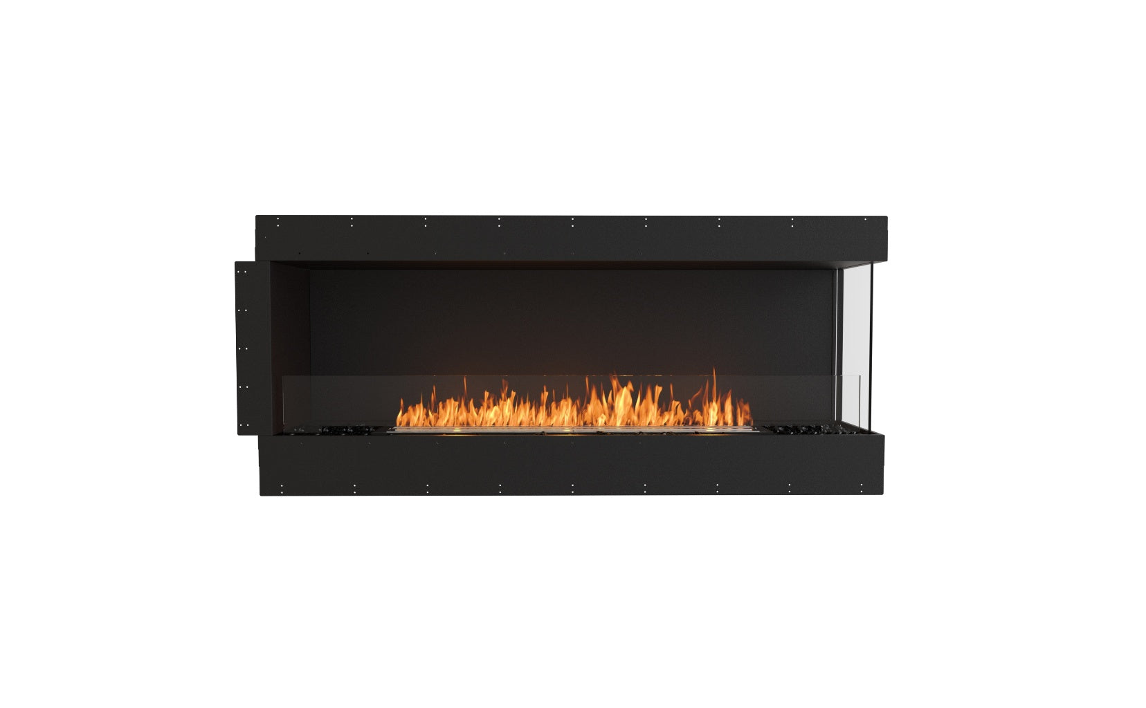 EcoSmart Fire Flex 68 bioethanol fireplace with a black frame, glass side panel, and a long, glowing orange flame.
