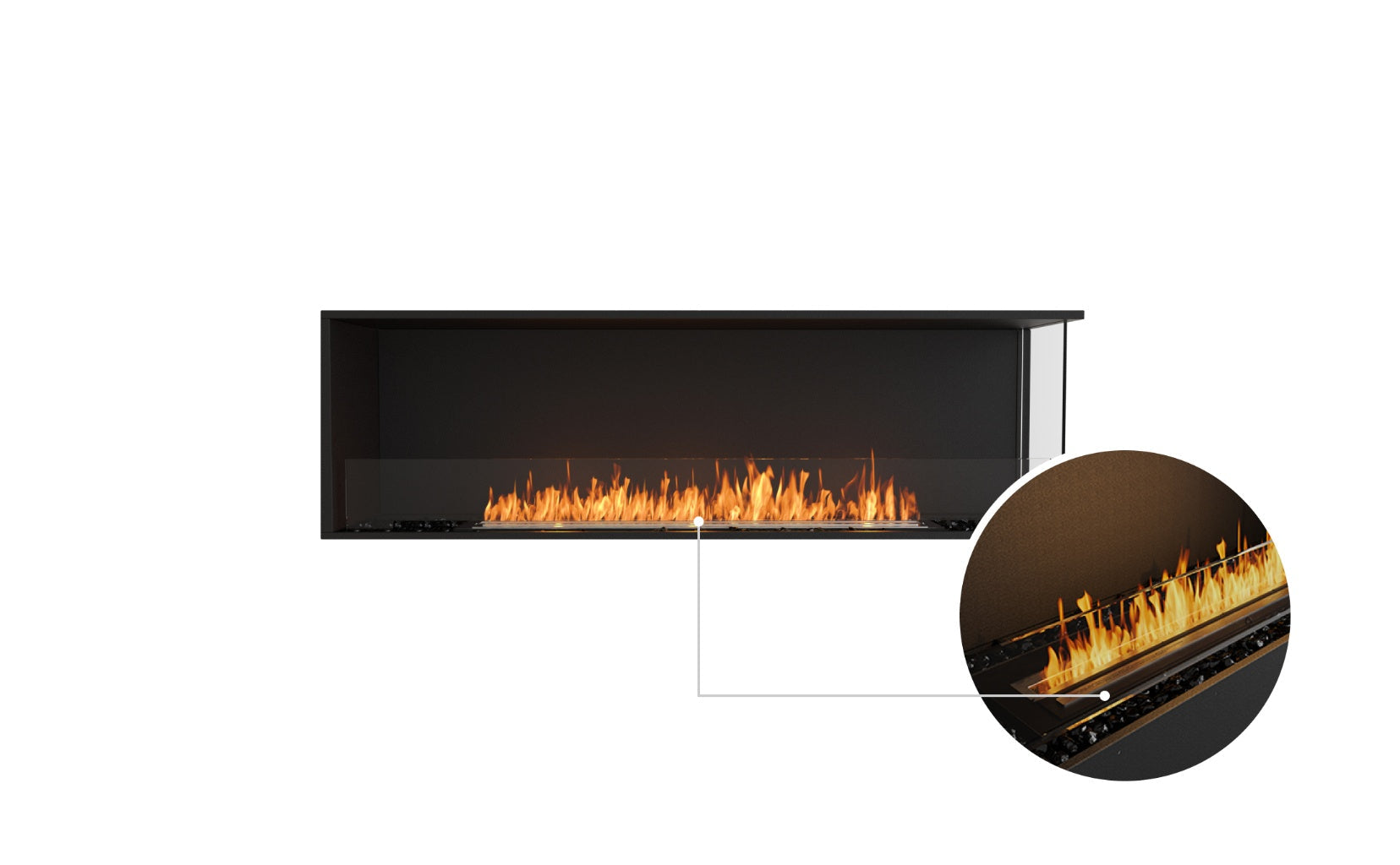 EcoSmart Fire Flex 68 bioethanol fireplace with a black frame, glass screen, and a close-up of the burner flame.