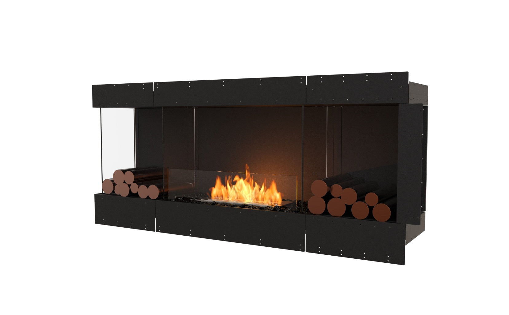 EcoSmart Fire Flex 68 bioethanol fireplace with a black frame, glass panels, and decorative logs on a white background.