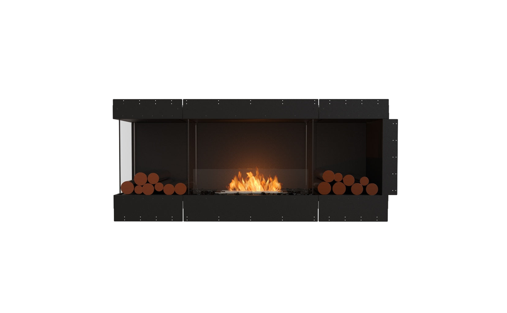 EcoSmart Fire Flex 68 bioethanol fireplace with a black frame, glass sides, and decorative logs flanking the central flame.