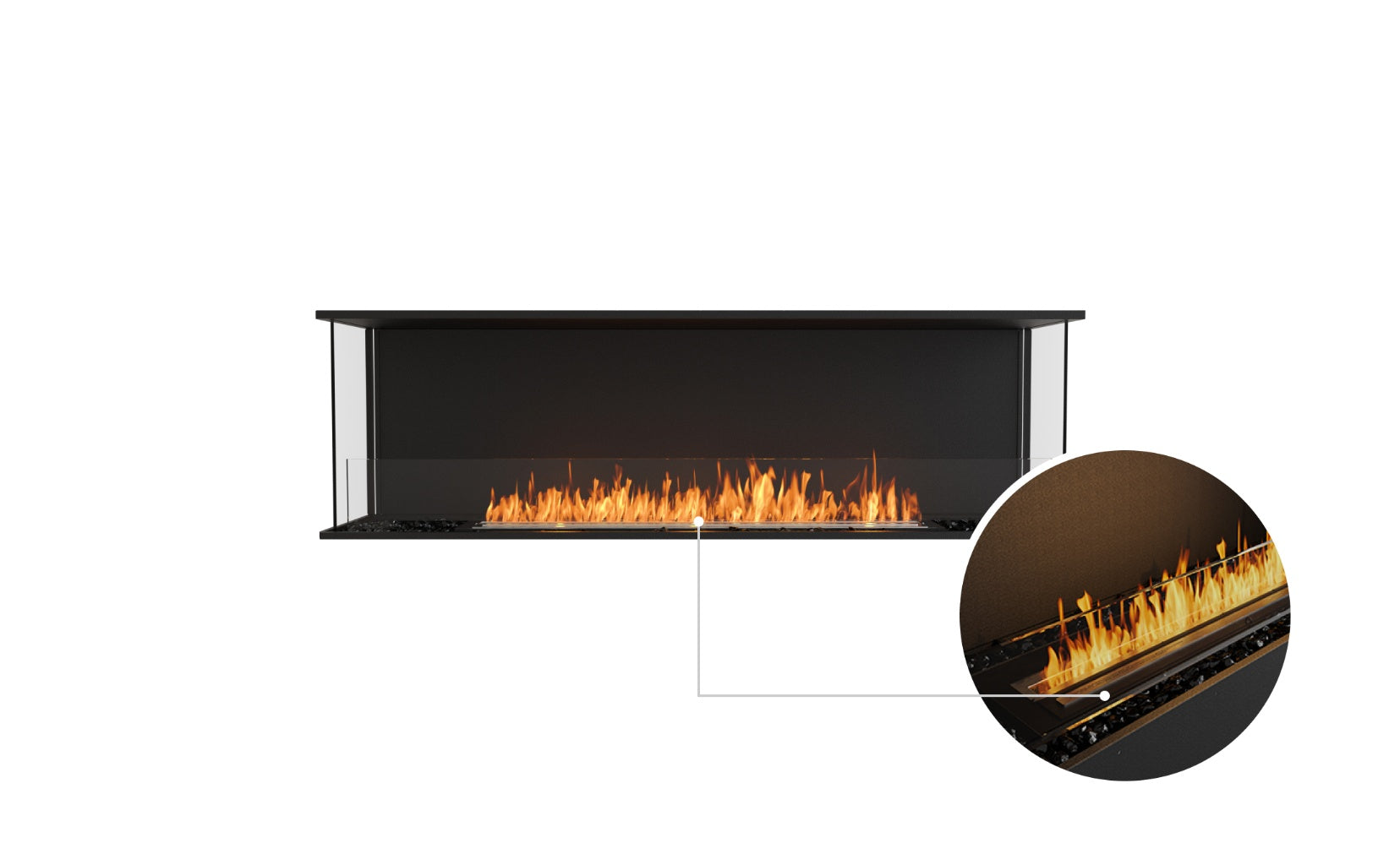 EcoSmart Fire Flex 68 bioethanol fireplace with a black frame, glass sides, and a linear flame, featuring a detail inset.
