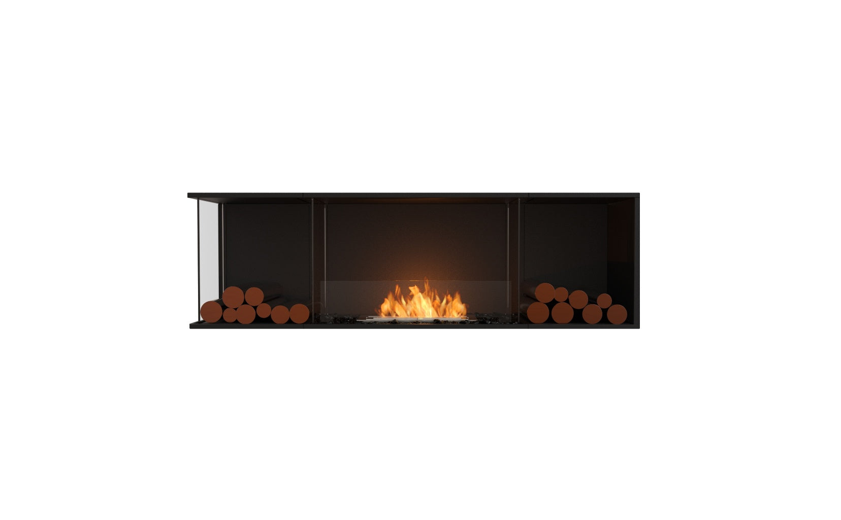 EcoSmart Fire Flex 68 bioethanol fireplace with a black frame, glass sides, and decorative logs flanking the flames.