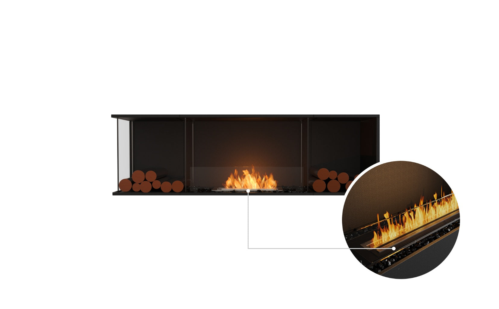 EcoSmart Fire Flex 68 bioethanol fireplace with black frame, glass screen, decorative logs, and a close-up flame detail.