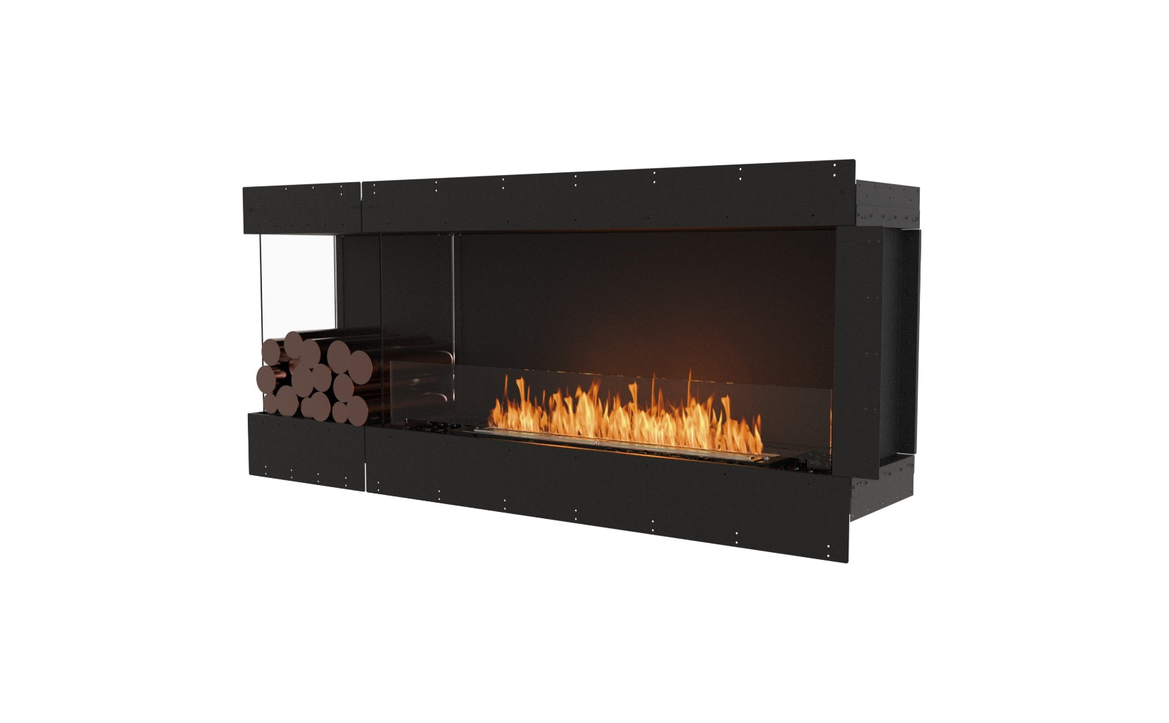 EcoSmart Fire Flex 68 bioethanol fireplace with a black frame, glass screen, and decorative logs on a white background.