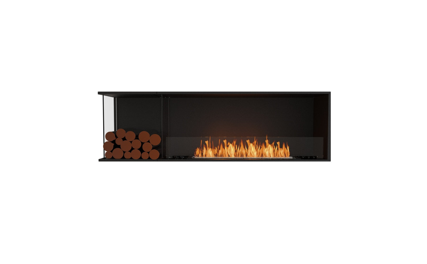 EcoSmart Fire Flex 68 bioethanol fireplace with a black frame, glass side panel, burning flames, and decorative logs.