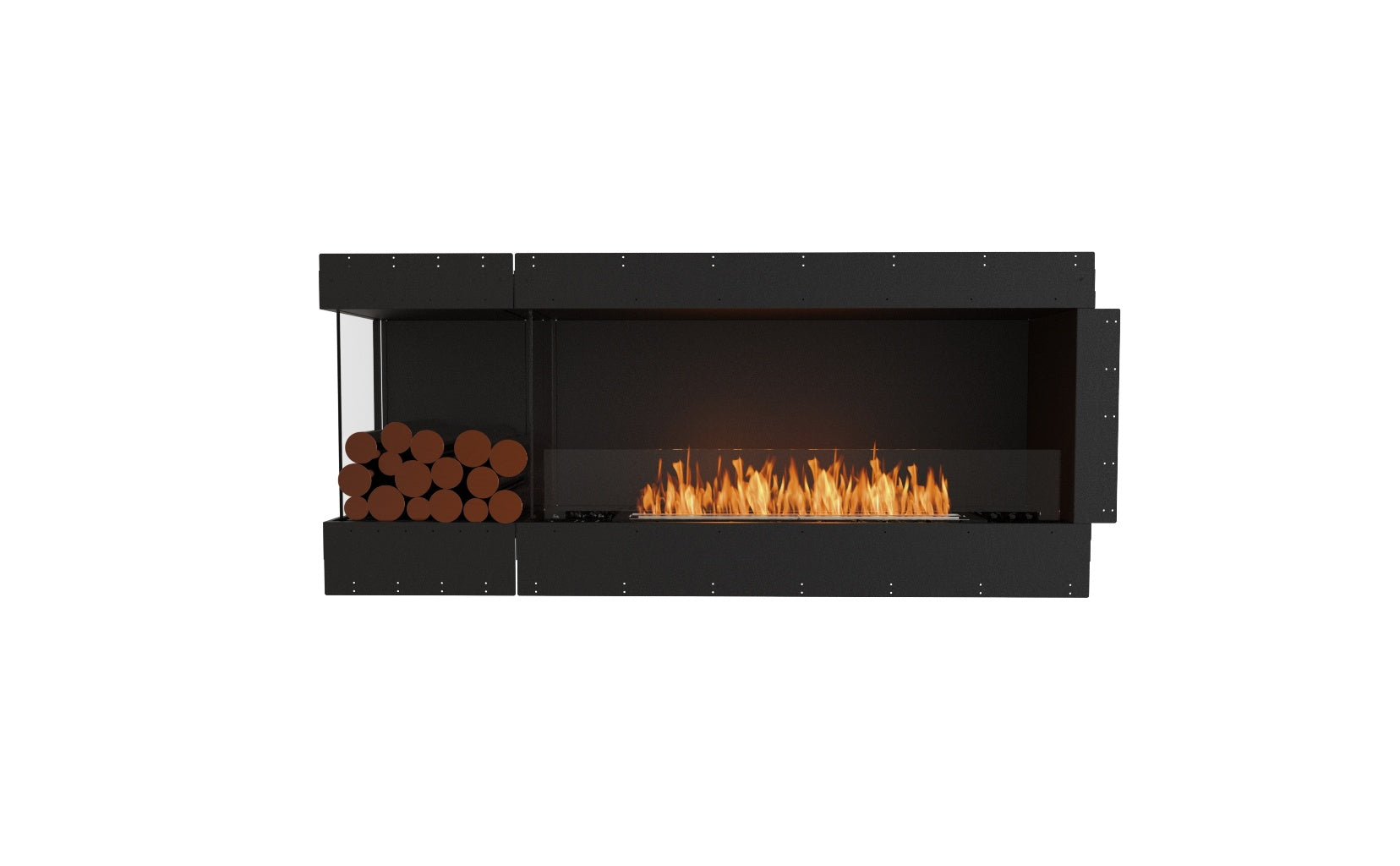 EcoSmart Fire Flex 68 bioethanol fireplace with a black frame, glass screen, and decorative logs on the left side.