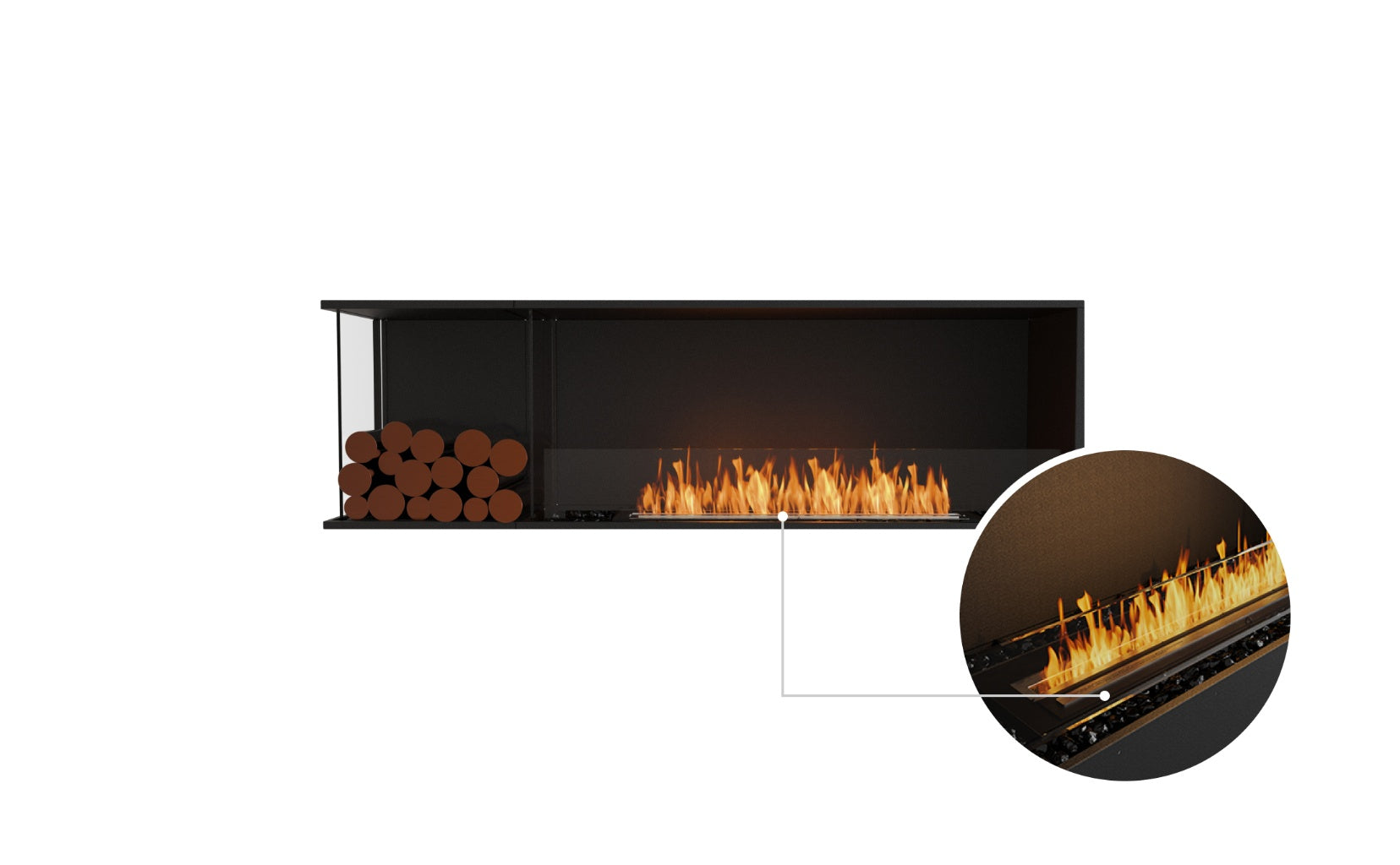 EcoSmart Fire Flex 68 bioethanol fireplace with black frame, log storage, and a circular detail of the burner flame.