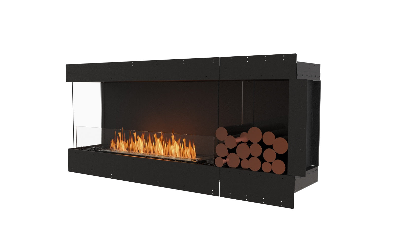 EcoSmart Fire Flex 68 bioethanol fireplace with a black frame, glass screen, linear flame, and decorative log storage.