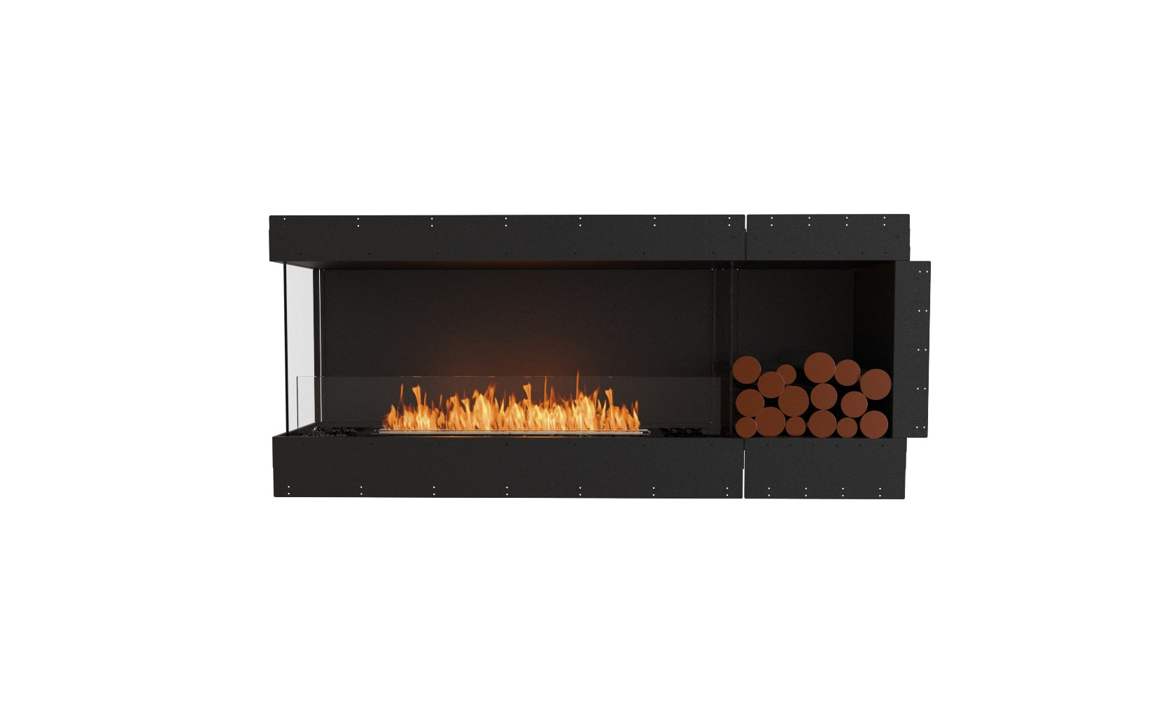 EcoSmart Fire Flex 68 bioethanol fireplace with black frame, glass screen, orange flames, and decorative log storage.