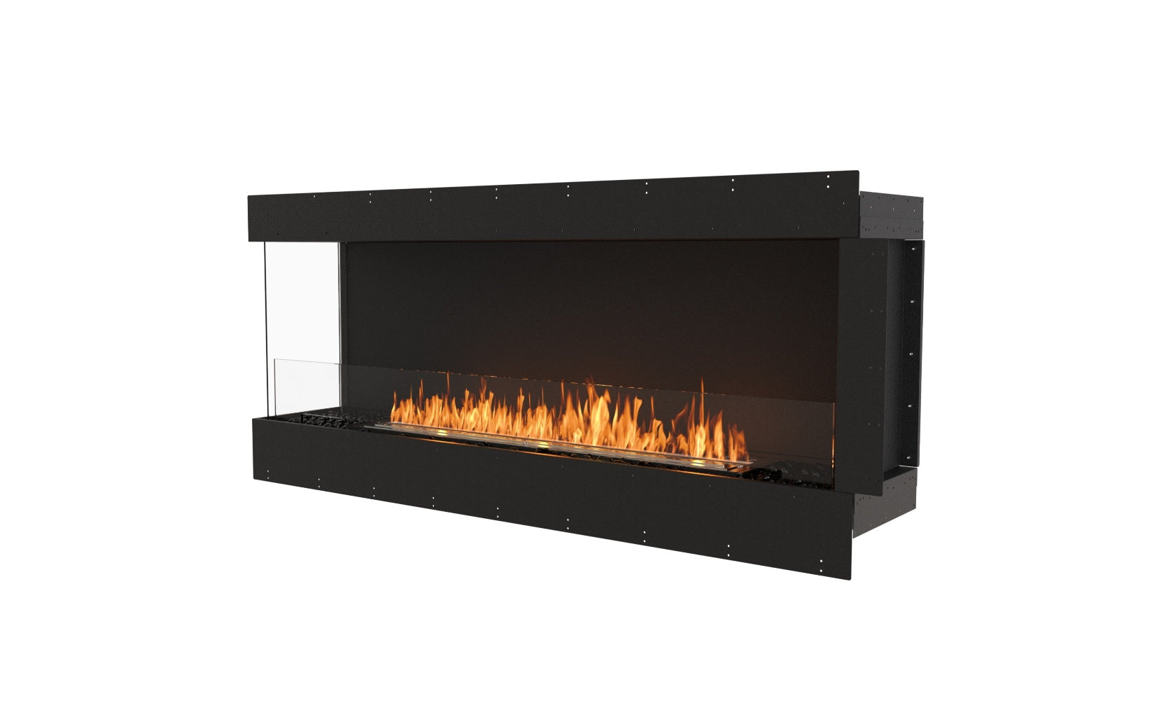 EcoSmart Fire Flex 68 bioethanol fireplace with a black frame, glass side panels, and a long, glowing orange flame.