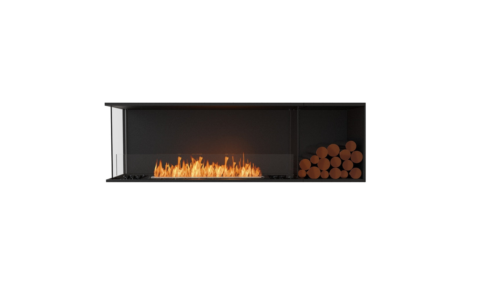 EcoSmart Fire Flex 68 bioethanol fireplace with a black frame, glass screen, orange flames, and decorative log storage.