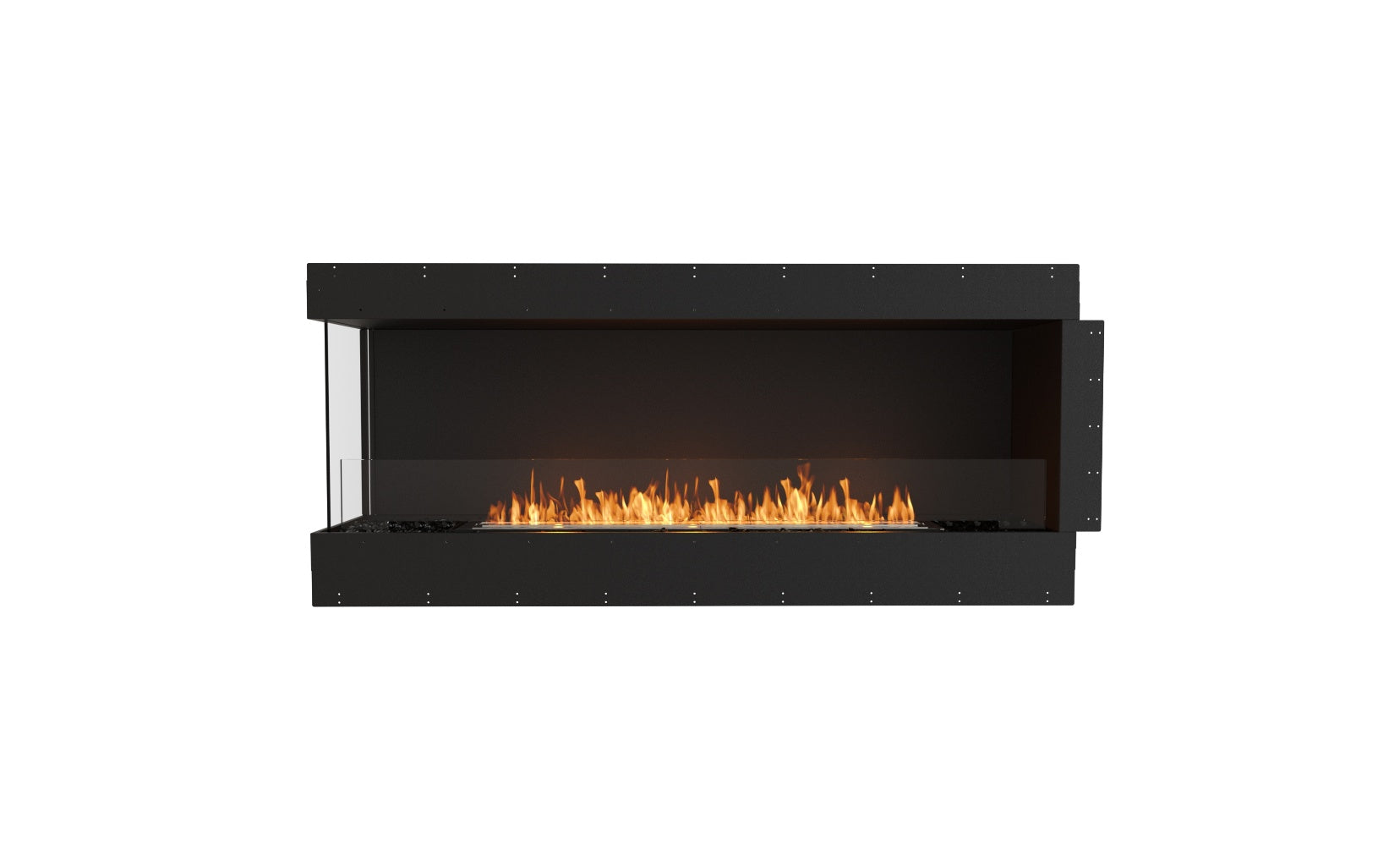 EcoSmart Fire Flex 68 bioethanol fireplace with a black frame, glass side panel, and a long, linear orange flame.