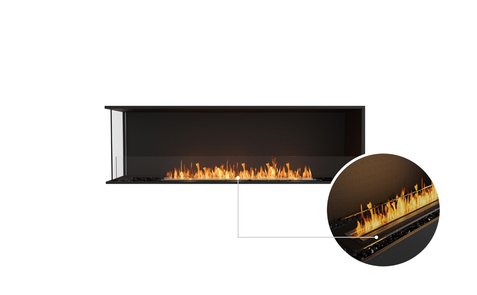 EcoSmart Fire Flex 68 bioethanol fireplace with a black frame, glass screen, and a close-up of the burning flame.