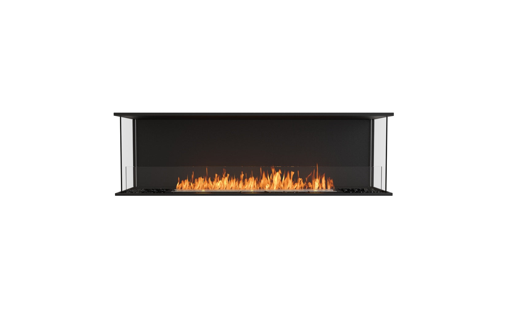 EcoSmart Fire Flex 68 bioethanol fireplace with a black frame, glass sides, and a long, glowing orange flame.