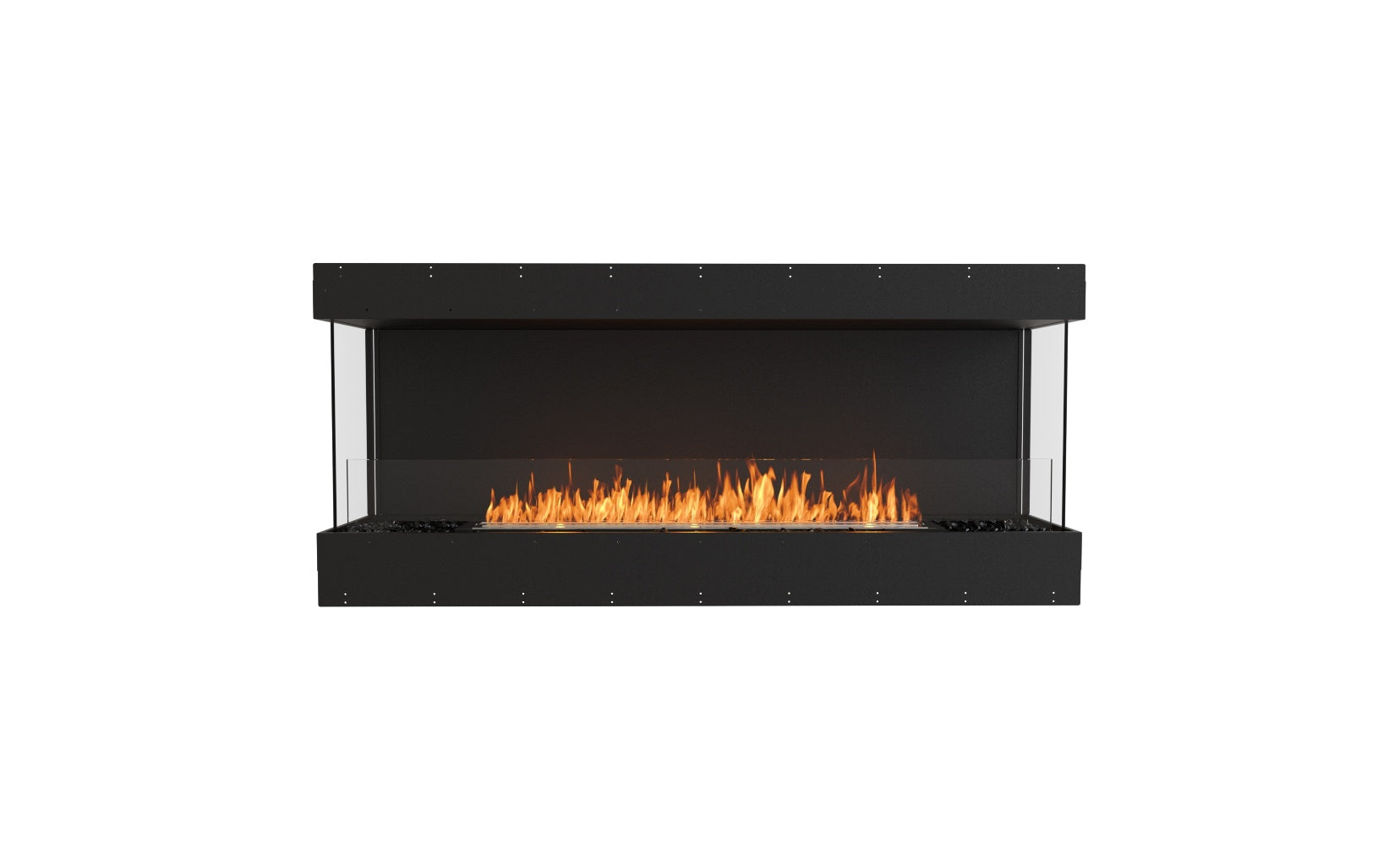 EcoSmart Fire Flex 68 bioethanol fireplace with a black frame, glass sides, and a long, glowing orange flame.