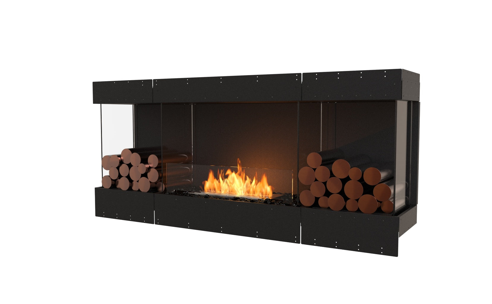 EcoSmart Fire Flex 68 bioethanol fireplace with black frame, glass sides, and decorative copper-coloured logs.