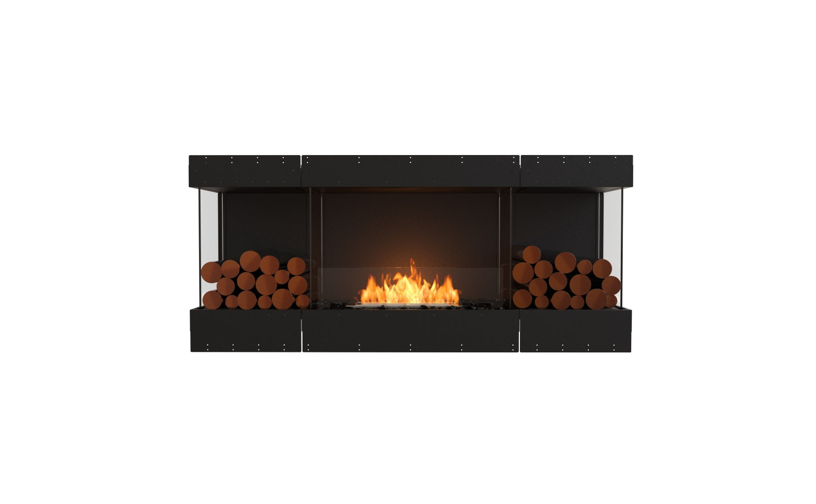 EcoSmart Fire Flex 68 bioethanol fireplace with a black frame, glass sides, and decorative logs on a white background.