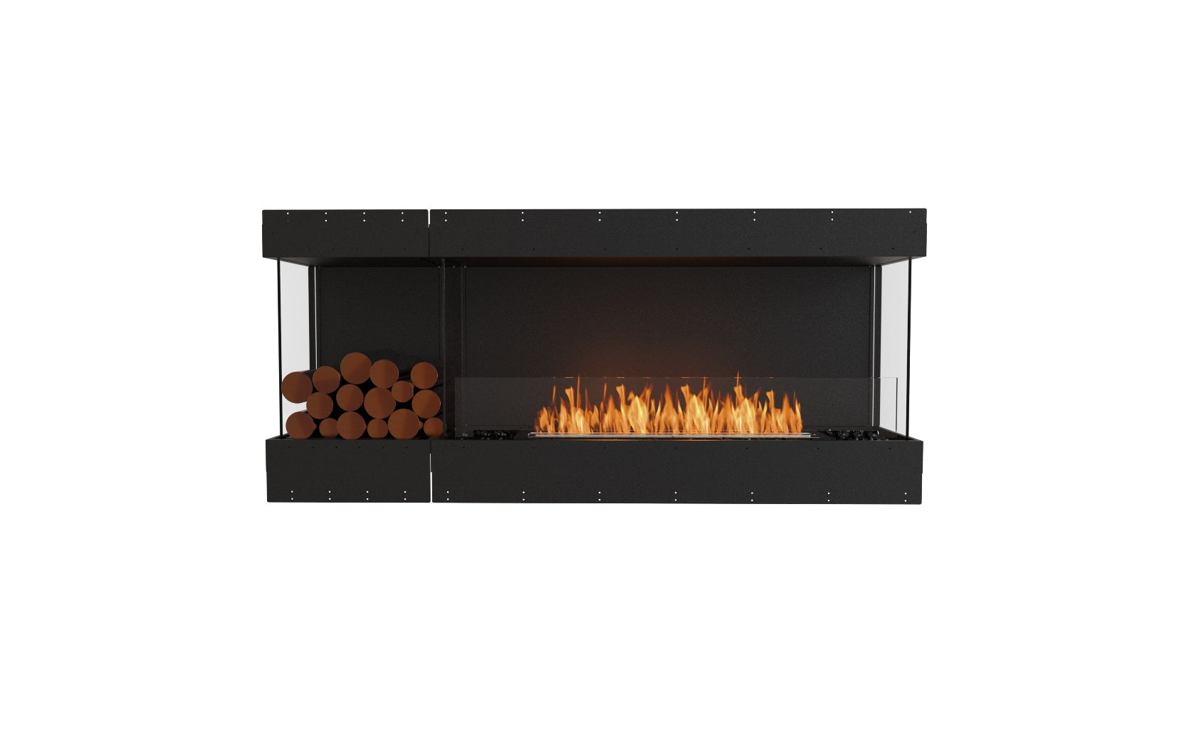 EcoSmart Fire Flex 68 bioethanol fireplace with black frame, glass sides, orange flames, and a built-in log storage area.