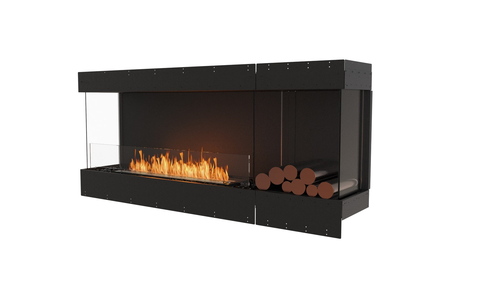 EcoSmart Fire Flex 68 black bioethanol fireplace with glass sides, linear flame, and decorative logs on white.
