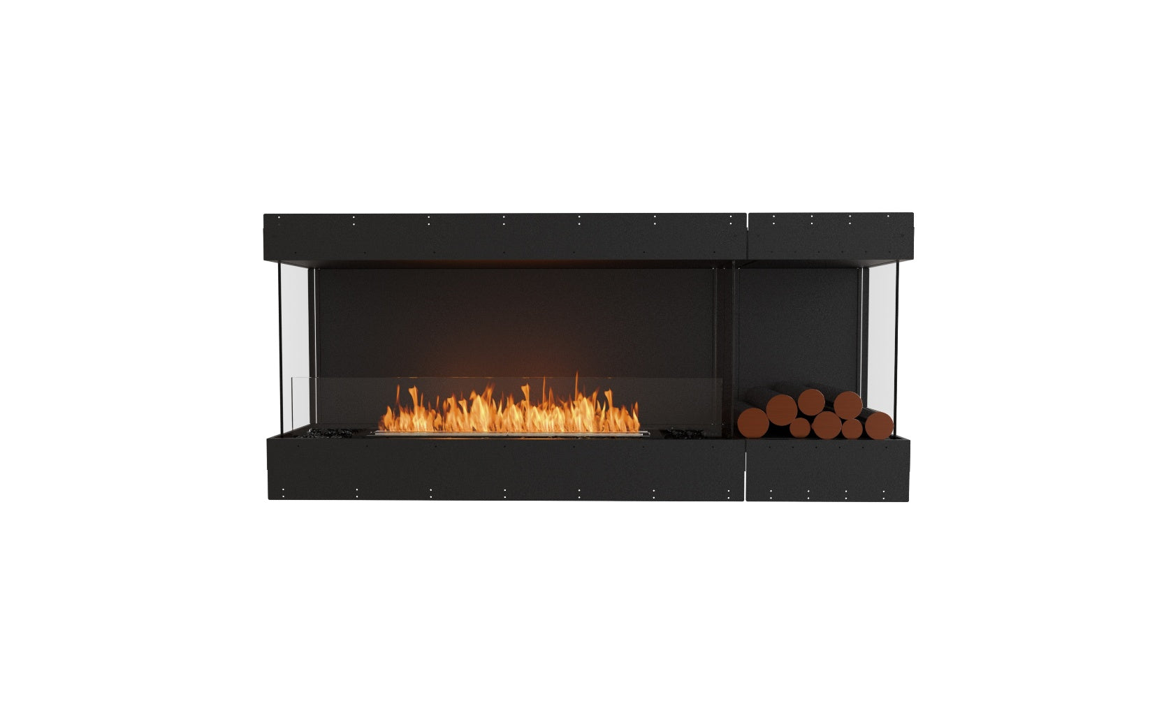 EcoSmart Fire Flex 68 bioethanol fireplace with a black frame, glass sides, orange flames, and decorative logs.