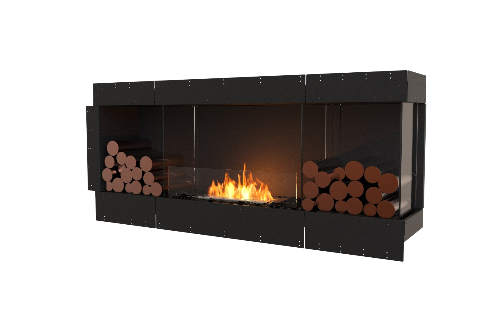 EcoSmart Fire Flex 68 bioethanol fireplace with a black frame, glass screen, and decorative logs on a white background.