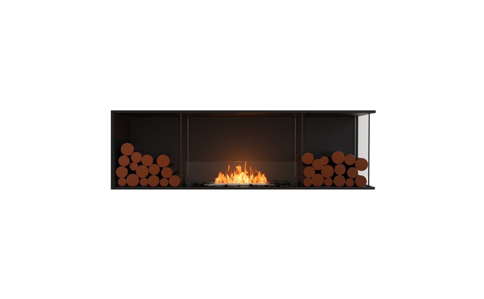 EcoSmart Fire Flex 68 bioethanol fireplace with a black frame, glass screen, and decorative logs on white background.