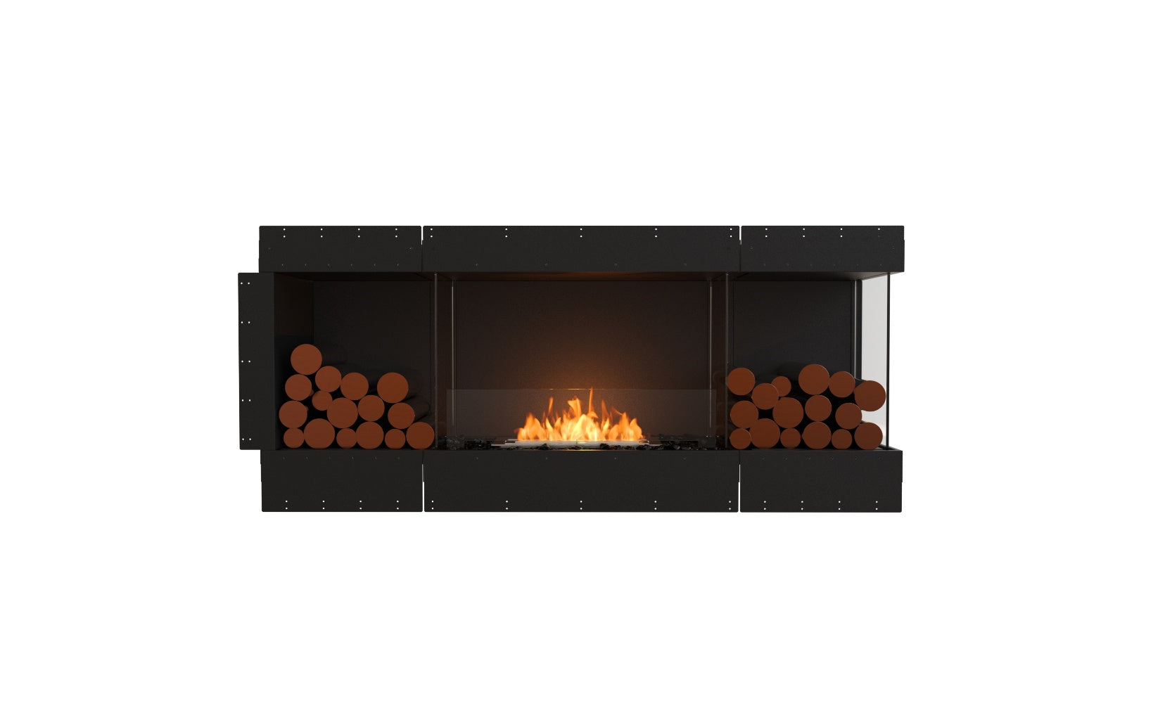 EcoSmart Fire Flex 68 bioethanol fireplace with a black frame, glass screen, and decorative logs on white background.