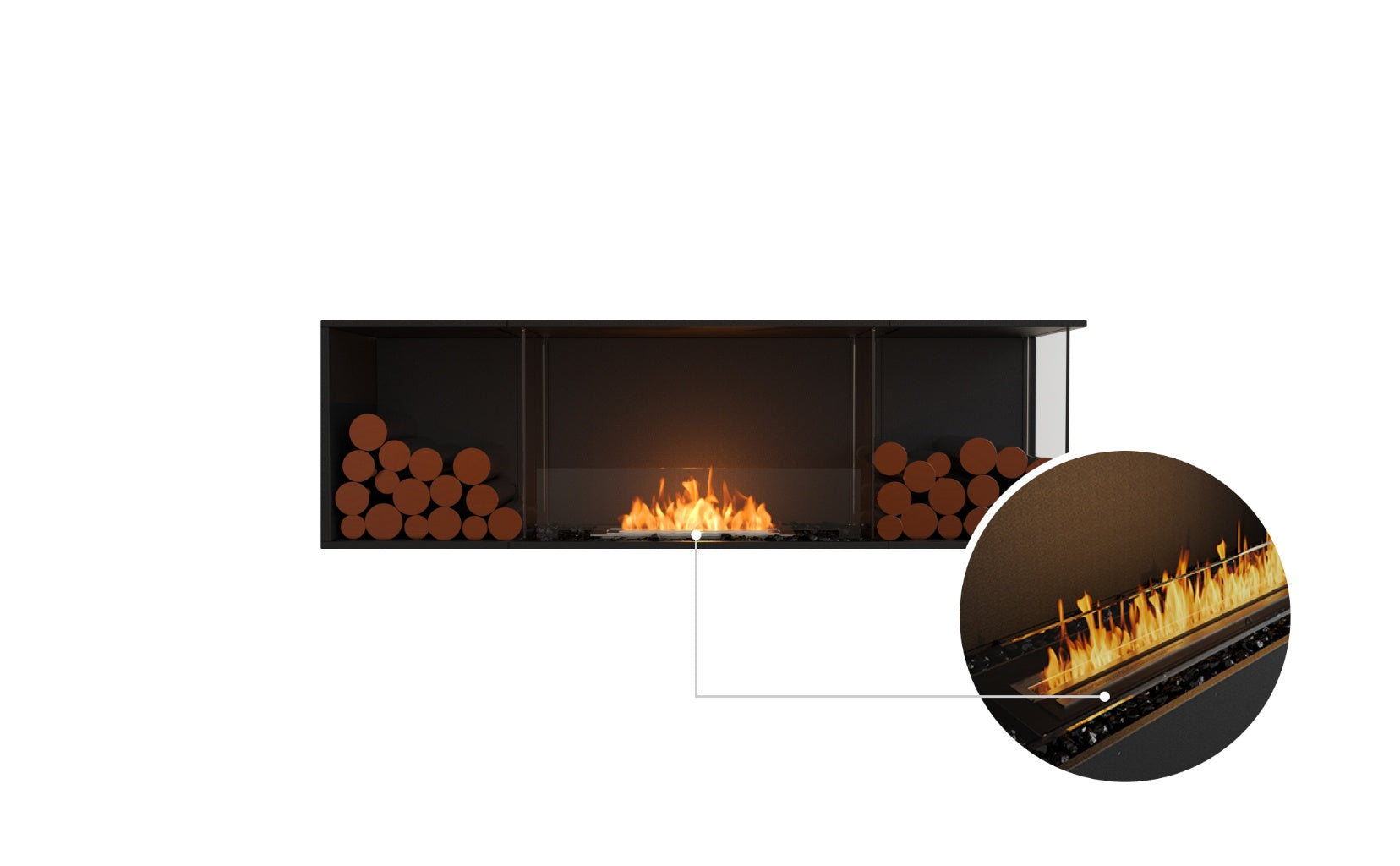 EcoSmart Fire Flex 68 bioethanol fireplace with black interior, decorative logs, and a close-up of the linear flame.