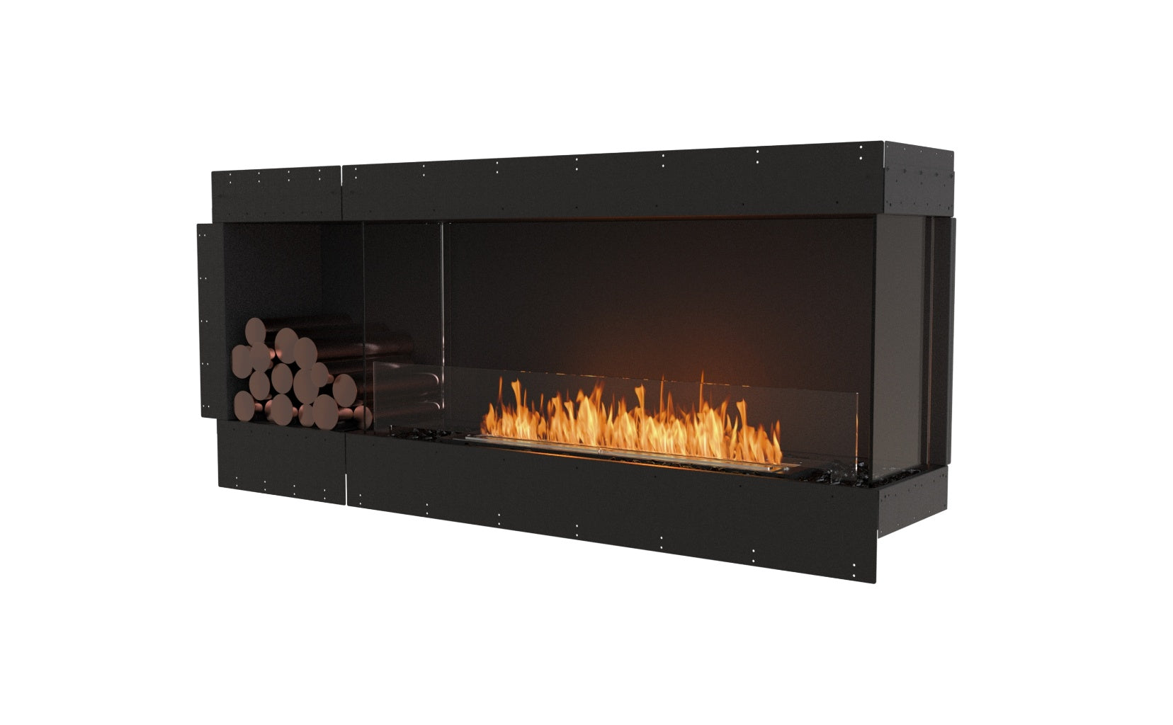 EcoSmart Fire Flex 68 bioethanol fireplace with a black frame, glass screen, and decorative logs on a white background.